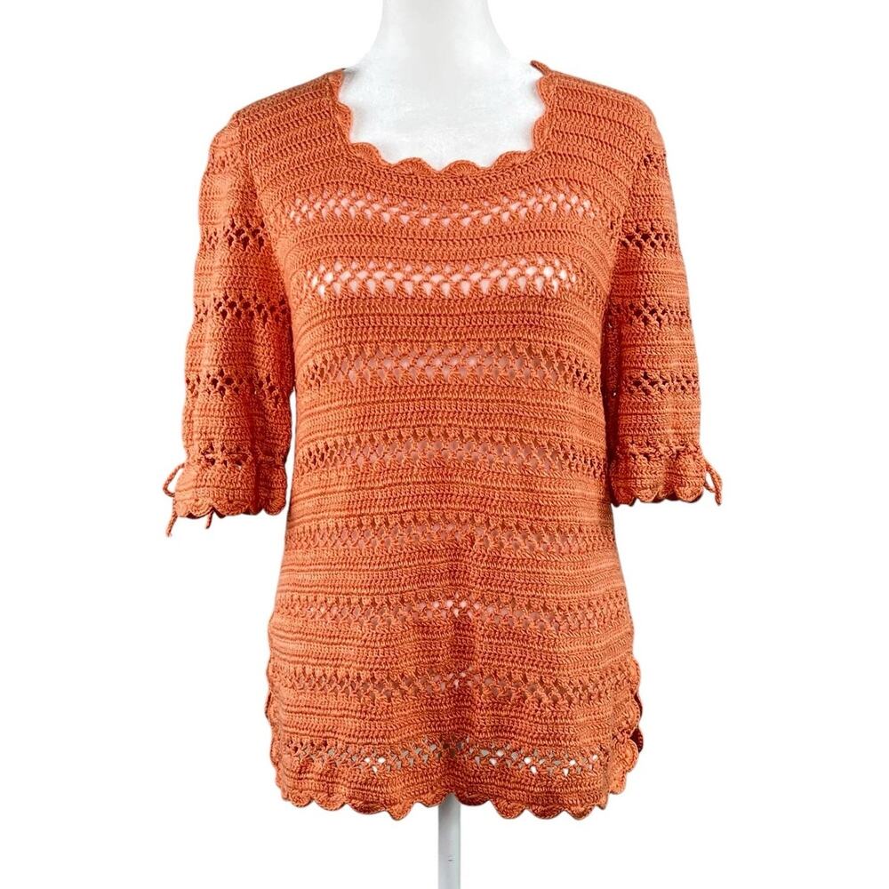 Vintage 70s Handmade Crochet Tunic Top Salmon Pink Orange Scalloped Peasant S